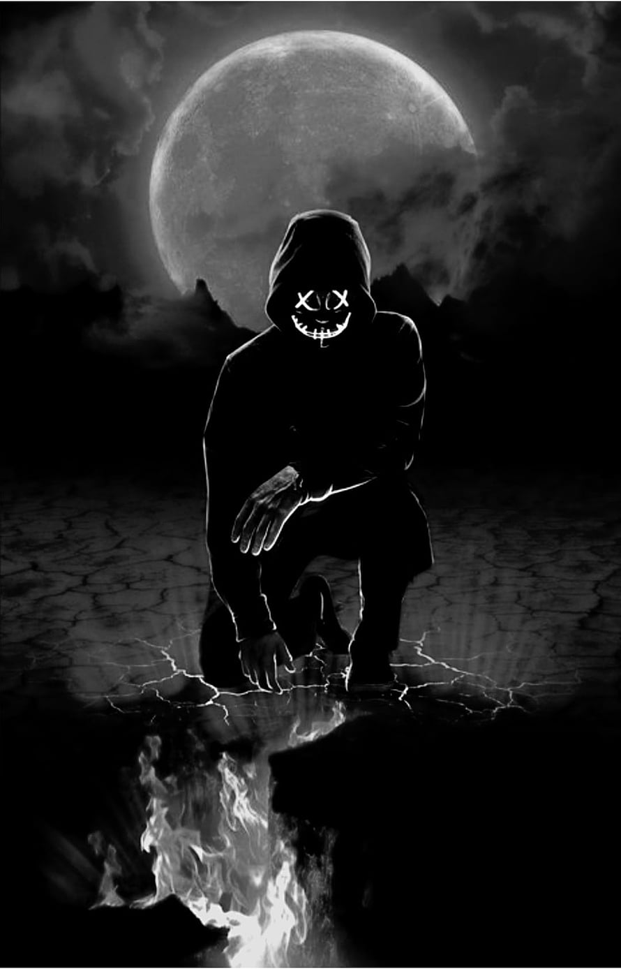 Grim Reaper Silhouette Kneeling Before Full Moon with Glowing Skull Mask HD phone wallpaper