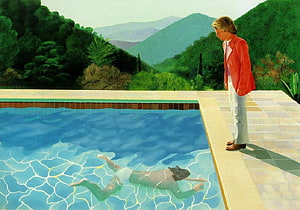 David Hockney Painting of a Man in a Red Jacket Standing by a Swimming Pool HD wallpaper