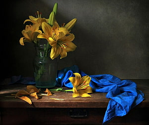 Classic Still Life Painting of Yellow Lilies in a Glass Vase with Blue Silk Cloth HD wallpaper