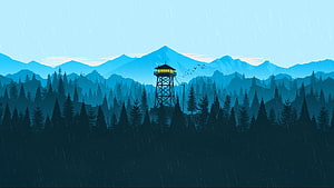 Firewatch Video Game Artwork Featuring a Lit Watchtower in a Rainy Pine Forest HD wallpaper