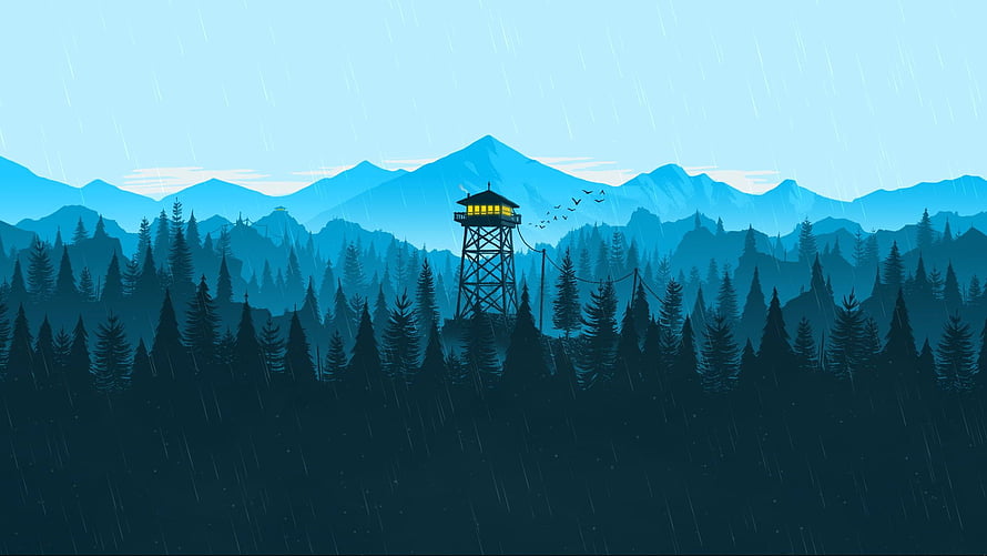 Firewatch Video Game Artwork Featuring a Lit Watchtower in a Rainy Pine Forest HD wallpaper