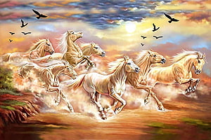 Seven Lucky Running Horses Vastu Artwork with Birds and Sunset Sky HD wallpaper