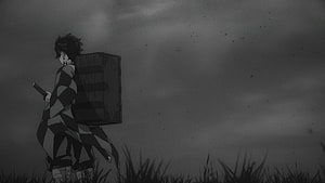 Tanjiro Kamado Carrying Bamboo Crate in Dark Grayscale Demon Slayer Scene HD wallpaper