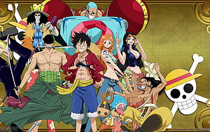 One Piece Straw Hat Pirates Group Portrait with Jolly Roger Jolly Roger Jolly Roger HD wallpaper