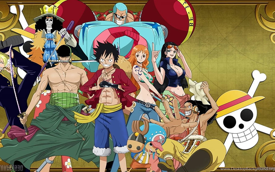 One Piece Straw Hat Pirates Group Portrait with Jolly Roger Jolly Roger Jolly Roger HD wallpaper