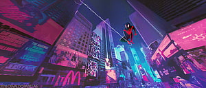Miles Morales Spider-Man Swinging Through Neon-Lit Cityscape in Vibrant Purple and Cyan Tones HD wallpaper
