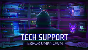 Tech Support Error Unknown: Hooded Hacker in Neon Cyberpunk Control Room HD wallpaper