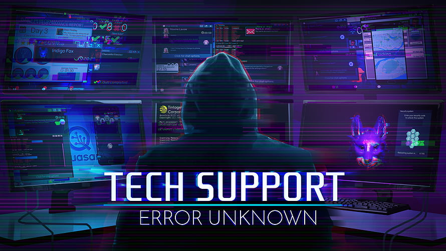 Tech Support Error Unknown: Hooded Hacker in Neon Cyberpunk Control Room HD wallpaper