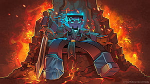 Minecraft Bedwars Villager King Seated on Throne with Sword and Blue Magic in Fiery Cave HD wallpaper