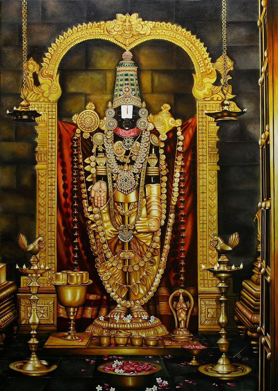 Tirupati Balaji Temple Deity Painting with Gold Ornaments and Brass Lamps HD phone wallpaper
