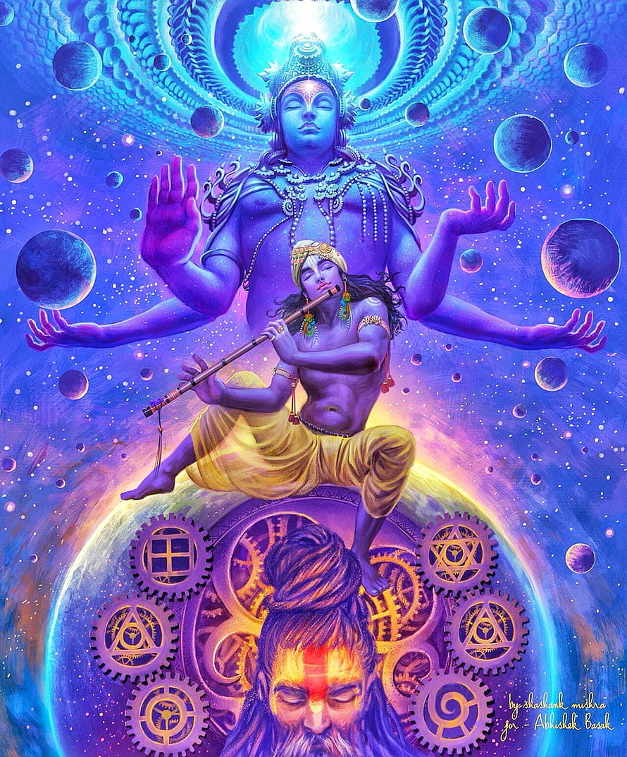 Lord Krishna Cosmic Artwork with Flute, Celestial Spheres, and Divine Geometry HD phone wallpaper