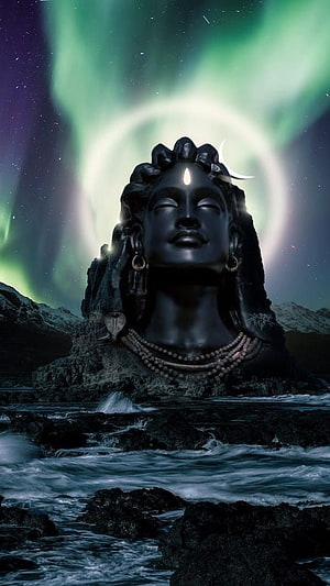 Lord Shiva Stone Statue Under Northern Lights With Ocean Waves And Starry Night Sky HD phone wallpaper