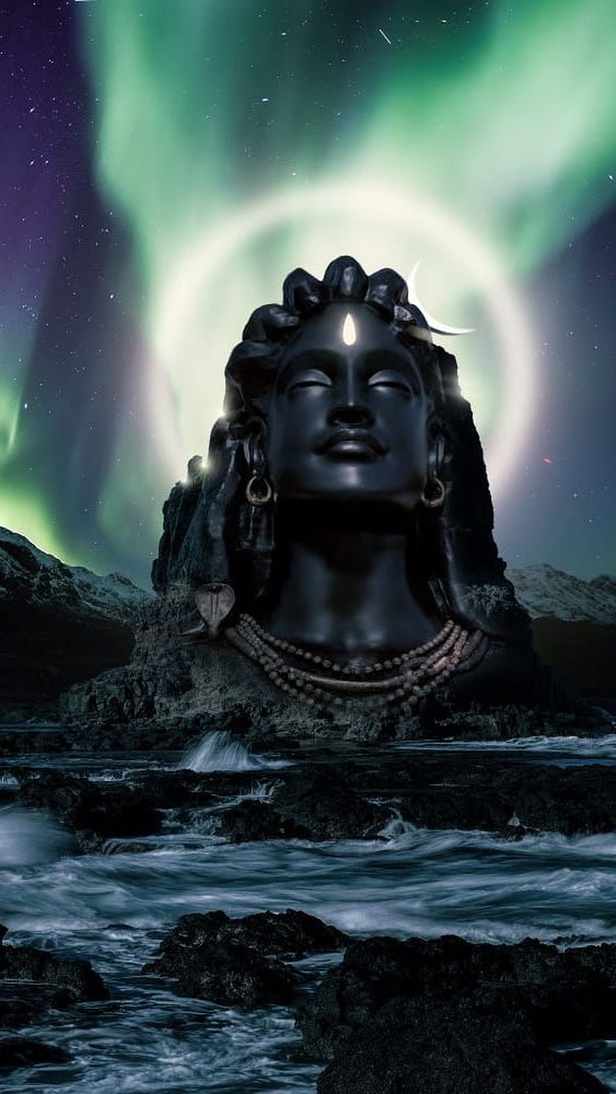 Lord Shiva Stone Statue Under Northern Lights With Ocean Waves And Starry Night Sky HD phone wallpaper