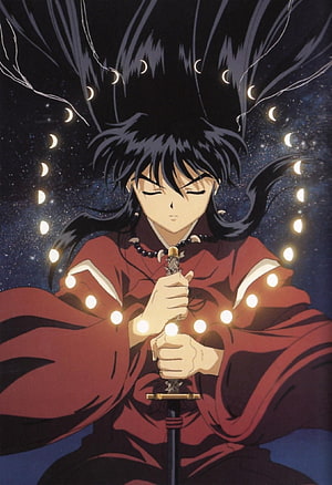 Naraku from Inuyasha in Red Robes Holding Sword Under Starry Night Sky HD phone wallpaper
