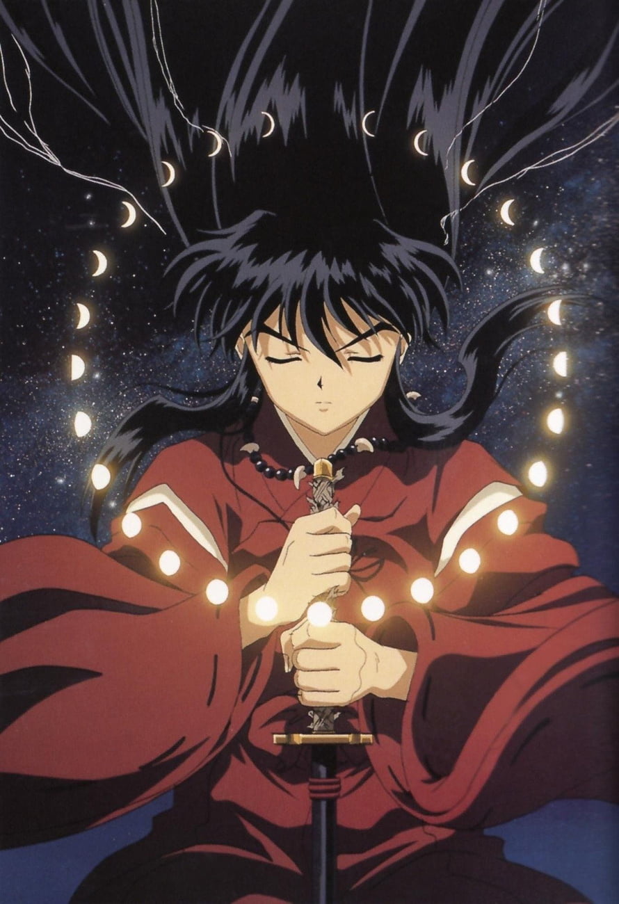 Naraku from Inuyasha in Red Robes Holding Sword Under Starry Night Sky HD phone wallpaper