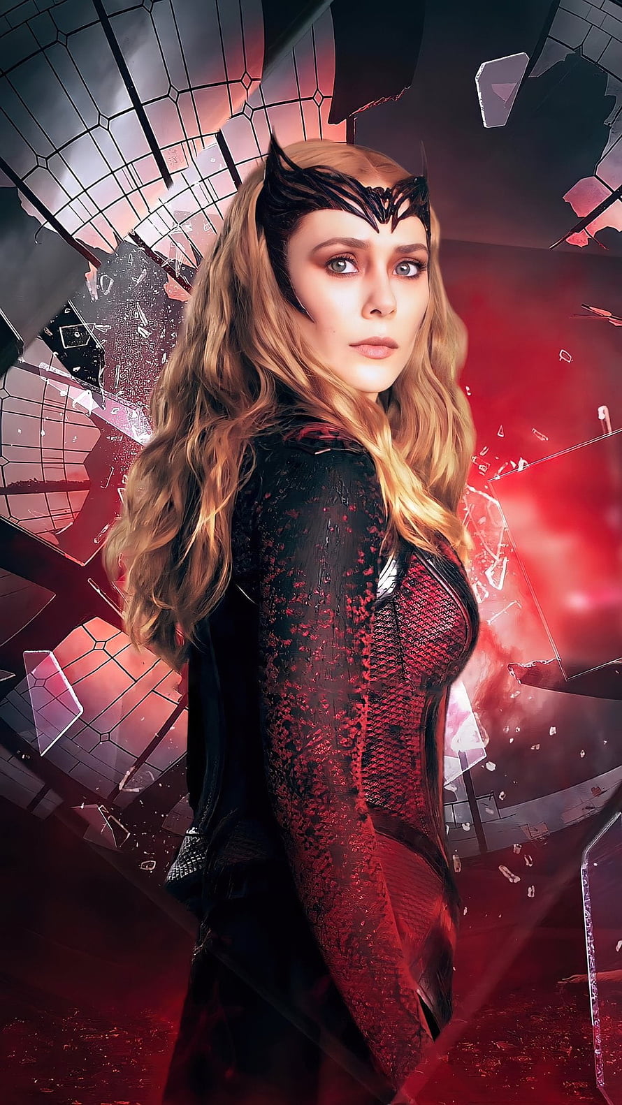 Scarlet Witch Wanda Maximoff in Dark Red Costume with Broken Glass Background HD phone wallpaper