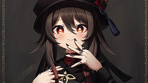 Hu Tao from Genshin Impact in a dark gothic outfit with a black hat and red eyes HD wallpaper