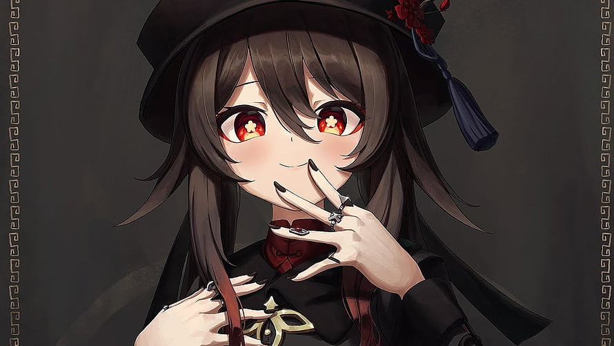 Hu Tao from Genshin Impact in a dark gothic outfit with a black hat and red eyes HD wallpaper