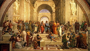 Raphael's The School of Athens fresco depicting ancient philosophers in a grand classical architectural setting HD wallpaper