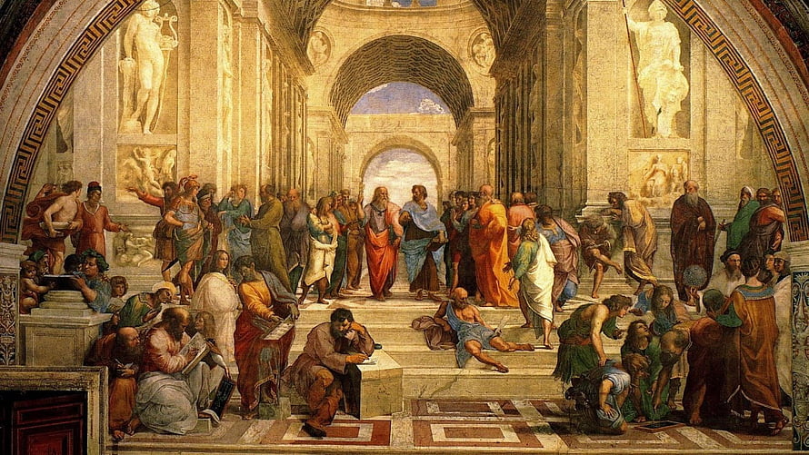 Raphael's The School of Athens fresco depicting ancient philosophers in a grand classical architectural setting HD wallpaper