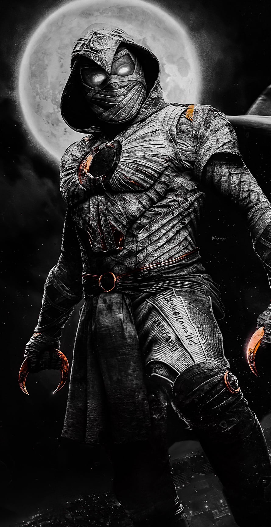 Moon Knight in Tattered Hooded Costume with Glowing Eyes and Claws Under a Full Moon HD phone wallpaper