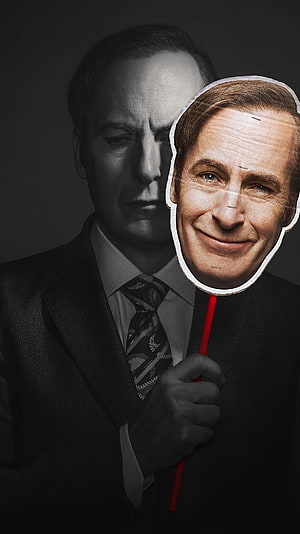 Better Call Saul promotional poster featuring a man in a suit holding a smiling face mask on a red stick HD phone wallpaper