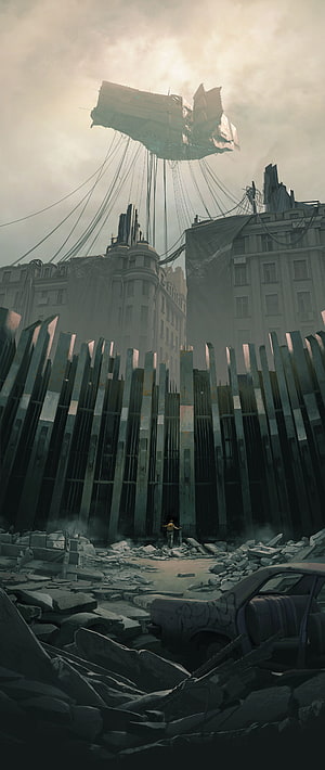 Half-Life: Alyx Post-Apocalyptic Cityscape With Floating Combine Structure HD phone wallpaper