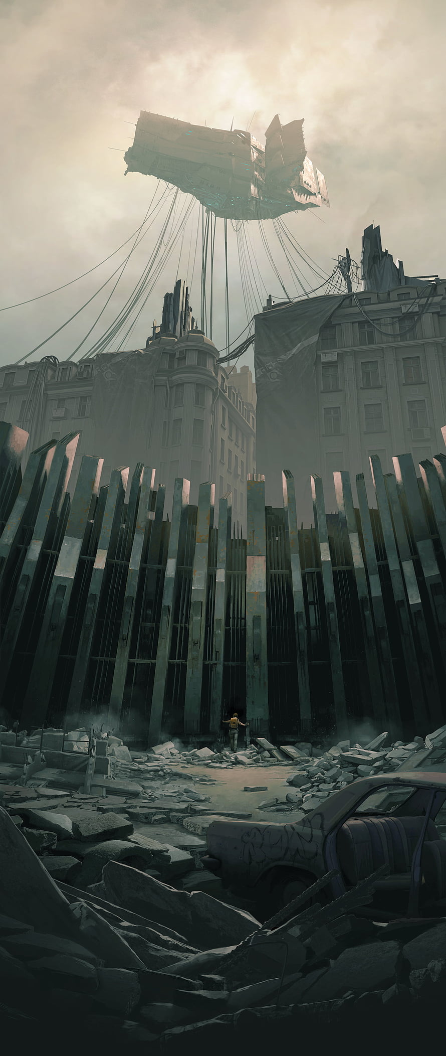 Half-Life: Alyx Post-Apocalyptic Cityscape With Floating Combine Structure HD phone wallpaper