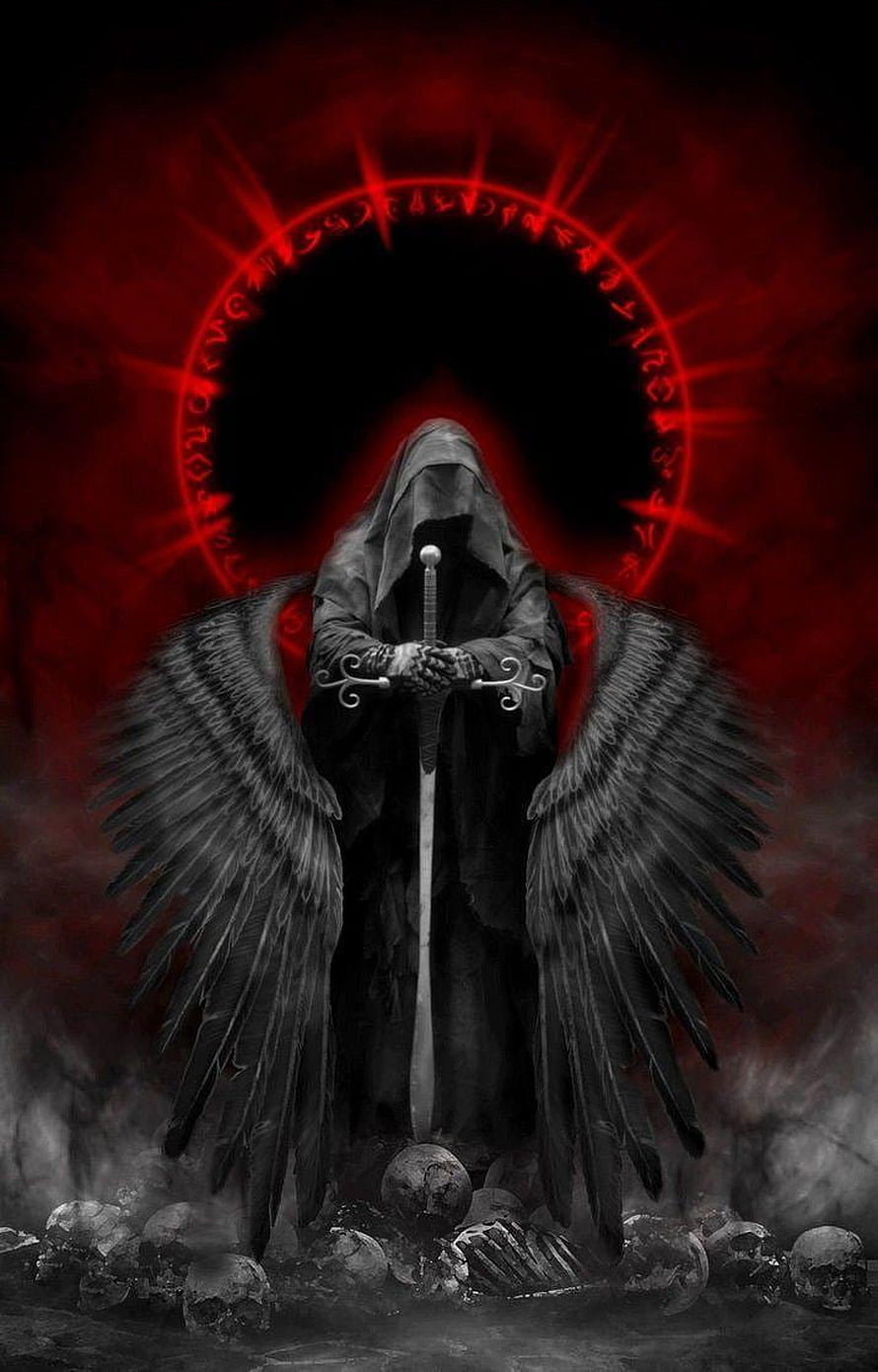 Dark Angel with Sword and Skulls Against Red Halo HD phone wallpaper