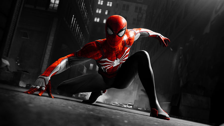 Spider-Man in Advanced Red and Black Suit Crouching in Dark Urban Alley HD wallpaper