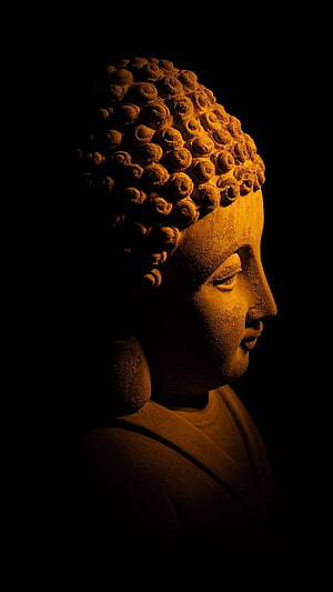 Gautam Buddha Stone Statue Profile in Warm Amber Light Against Black Background HD phone wallpaper