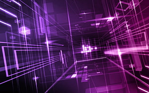 Abstract Purple Digital Corridor with Glowing Neon Grid Lines and Futuristic Tech Architecture HD wallpaper