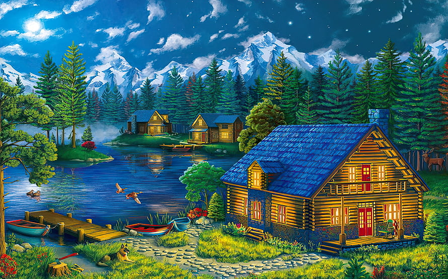 Cozy Log Cabin Village by a Mountain Lake at Night with Snow-Capped Peaks and Pine Forest HD wallpaper