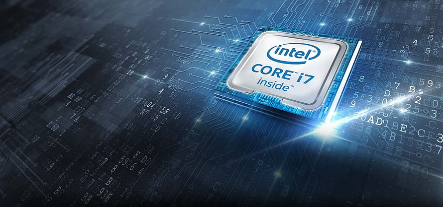 Intel Core i7 Processor on Glowing Blue Circuit Board with Digital Data Overlay HD wallpaper
