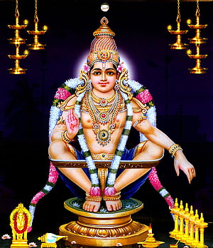 Bhagwan Ayyappa Devotional Portrait with Oil Lamps and Floral Garland HD phone wallpaper