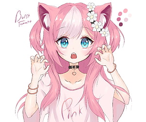 Cute Pink Anime Cat Girl with Daisies and Blue Eyes HD wallpaper