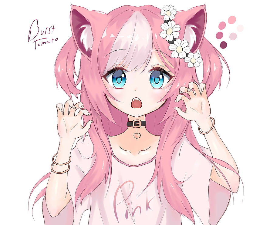 Cute Pink Anime Cat Girl with Daisies and Blue Eyes HD wallpaper