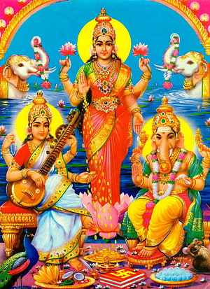 Maa Lakshmi, Lord Ganesha, and Maa Saraswati Indian Deity Painting HD phone wallpaper