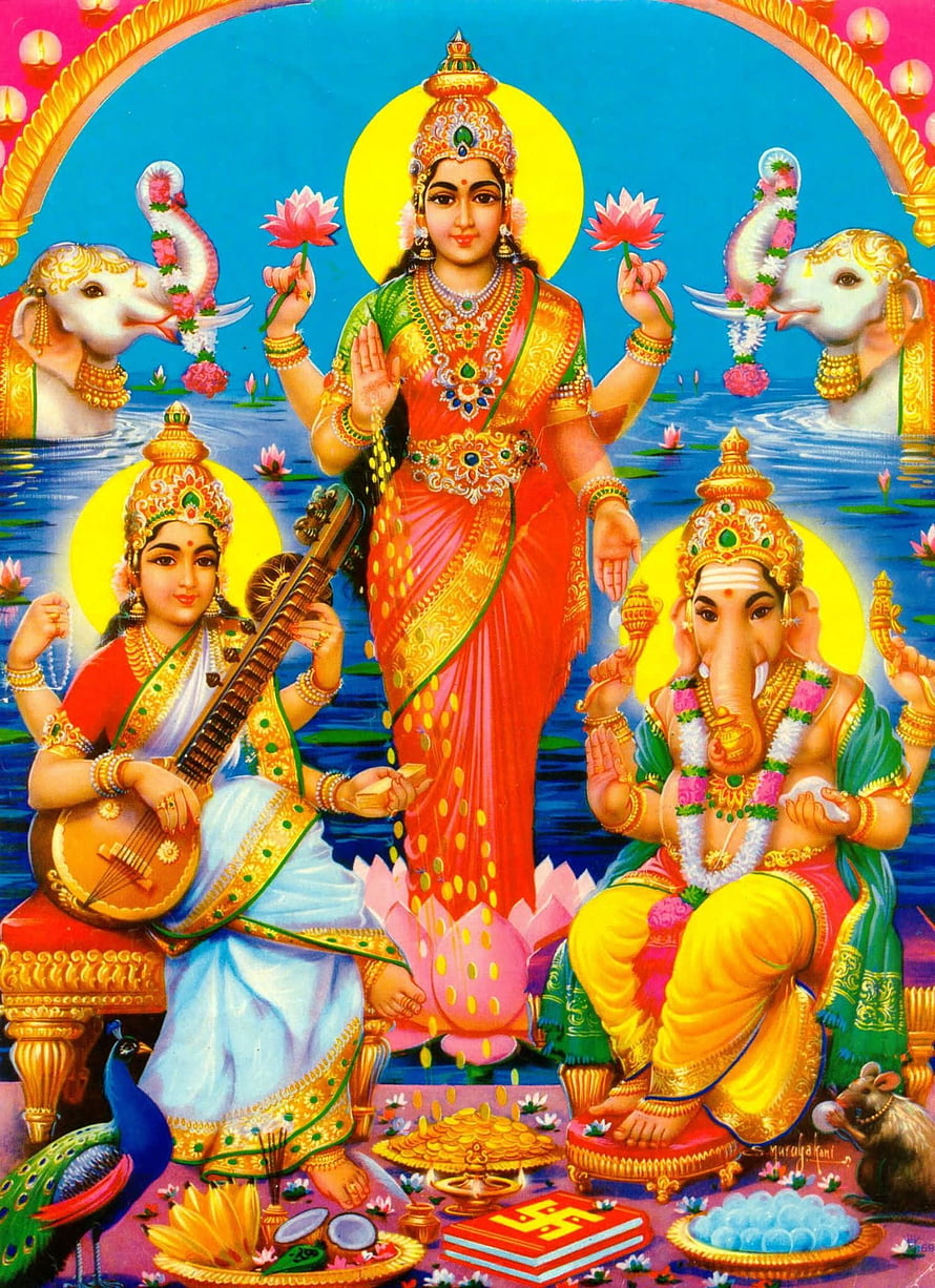 Maa Lakshmi, Lord Ganesha, and Maa Saraswati Indian Deity Painting HD phone wallpaper