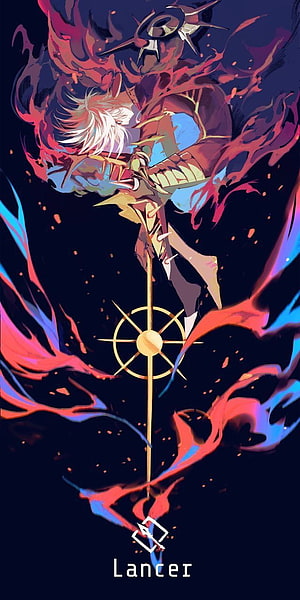 Fate Stay Night Lancer Character Art with Fiery Energy and Spear HD phone wallpaper
