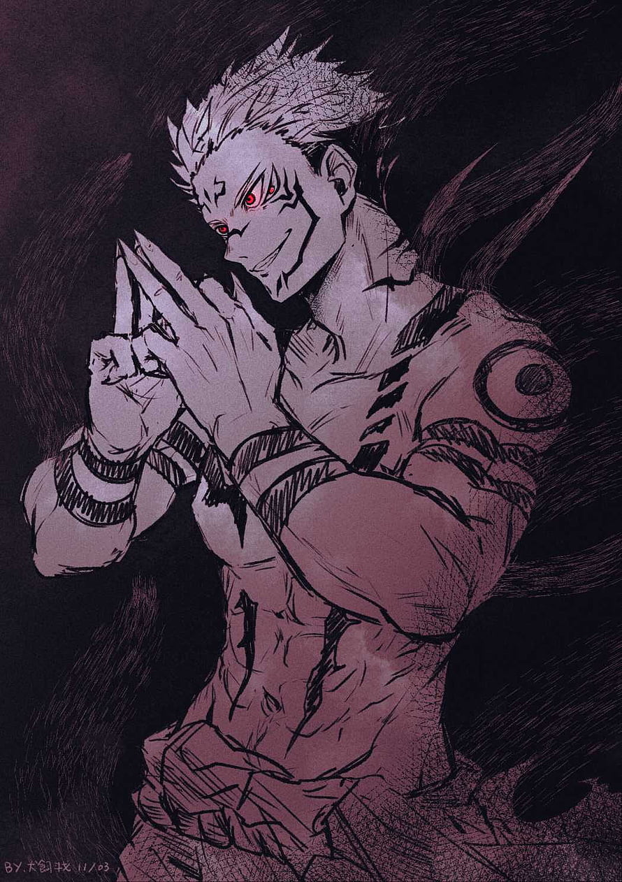 Sukuna from Jujutsu Kaisen in a menacing pose with red eyes and dark ink illustration style HD phone wallpaper