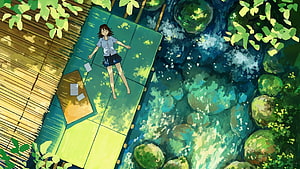 Anime Girl Lying on Bamboo Platform by a Forest Stream in Lofi Style HD wallpaper