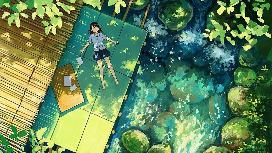 Anime Girl Lying on Bamboo Platform by a Forest Stream in Lofi Style HD wallpaper