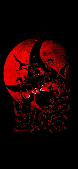 Uchiha Itachi Silhouette with Crows and Red Moon in Dark Anime Art Style HD phone wallpaper