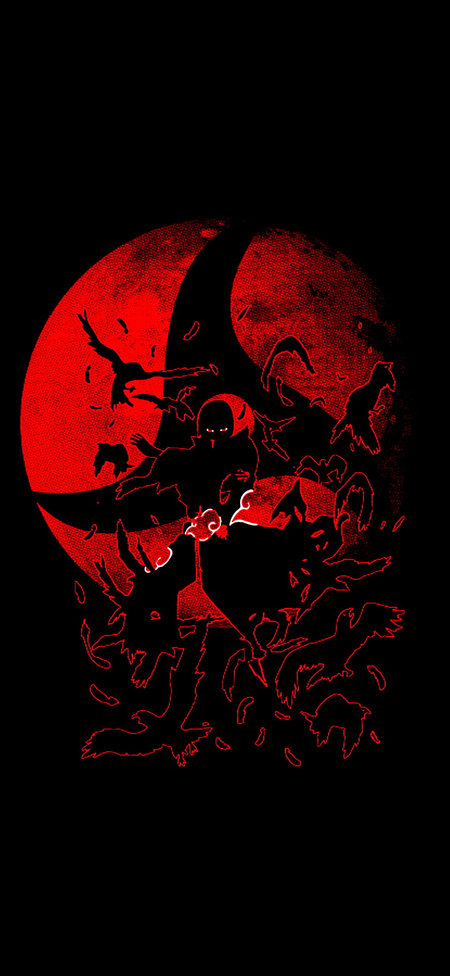 Uchiha Itachi Silhouette with Crows and Red Moon in Dark Anime Art Style HD phone wallpaper