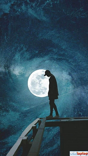 Melancholic Silhouette Standing on a Bridge Under a Full Moon in a Starry Night Sky HD phone wallpaper