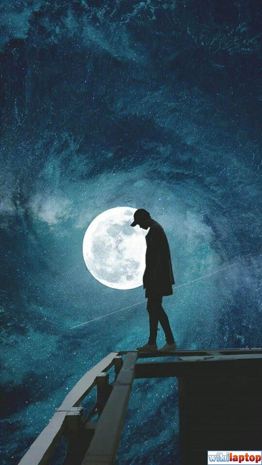 Melancholic Silhouette Standing on a Bridge Under a Full Moon in a Starry Night Sky HD phone wallpaper