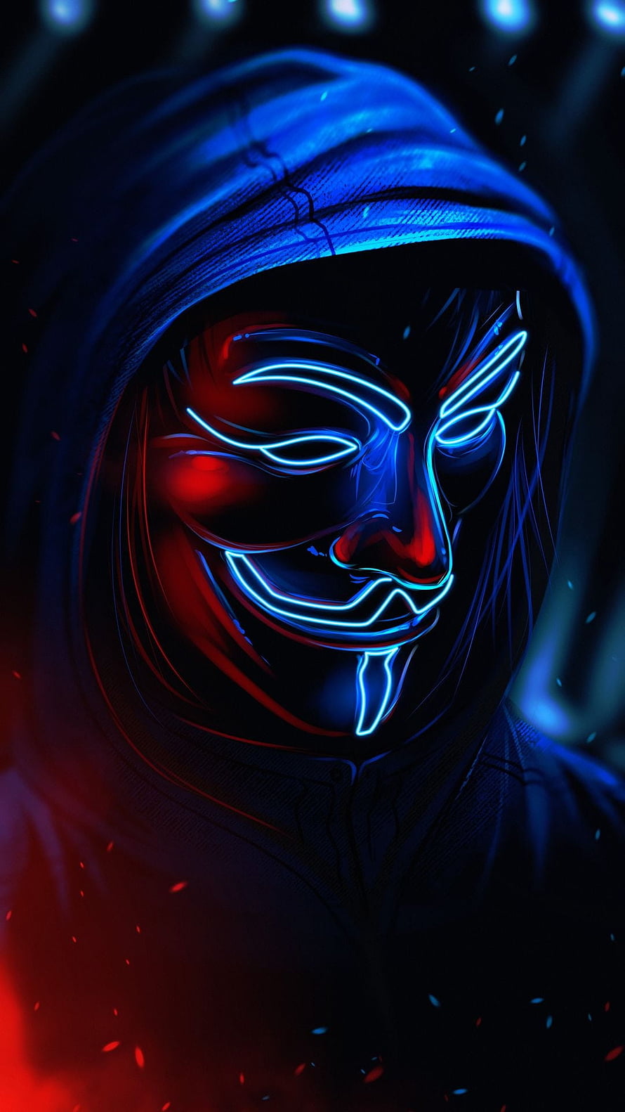 Anonymous Guy Fawkes Mask in Neon Blue and Red Hooded Cyberpunk Style HD phone wallpaper