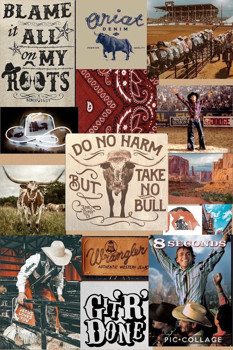 Rustic Western Aesthetic Collage Featuring Cowboy Culture, Longhorn Cattle, and Rodeo Scenes HD phone wallpaper