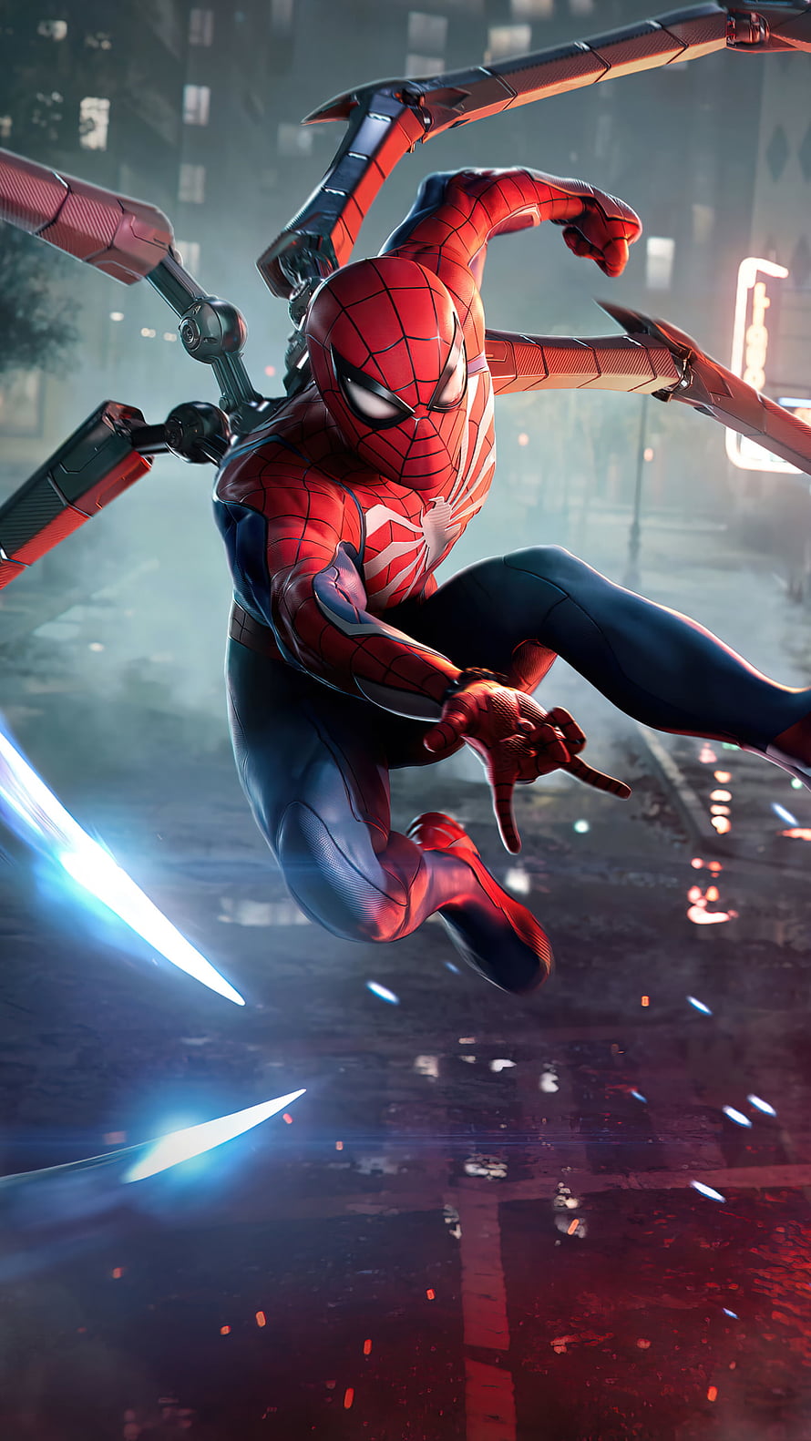 Marvel's Spider-Man 2 Iron Spider Suit in Dynamic Mid-Air Combat Pose HD phone wallpaper